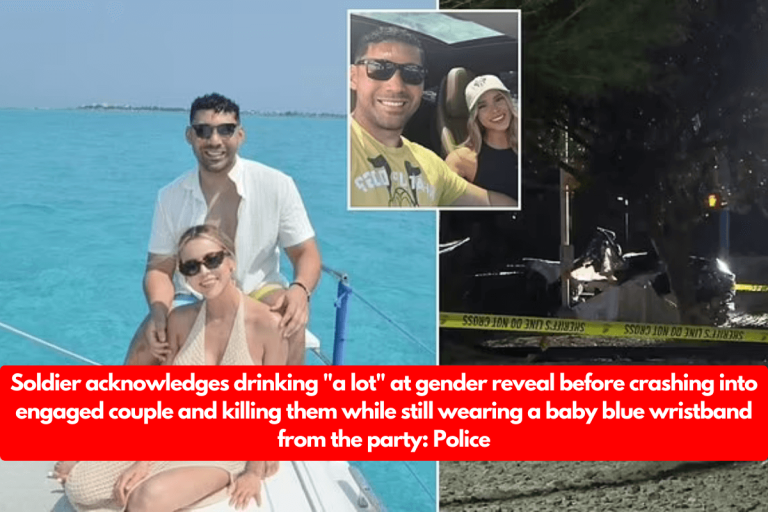 Soldier acknowledges drinking ‘a lot’ at gender reveal before crashing into engaged couple and killing them while still wearing a baby blue wristband from the party: Police