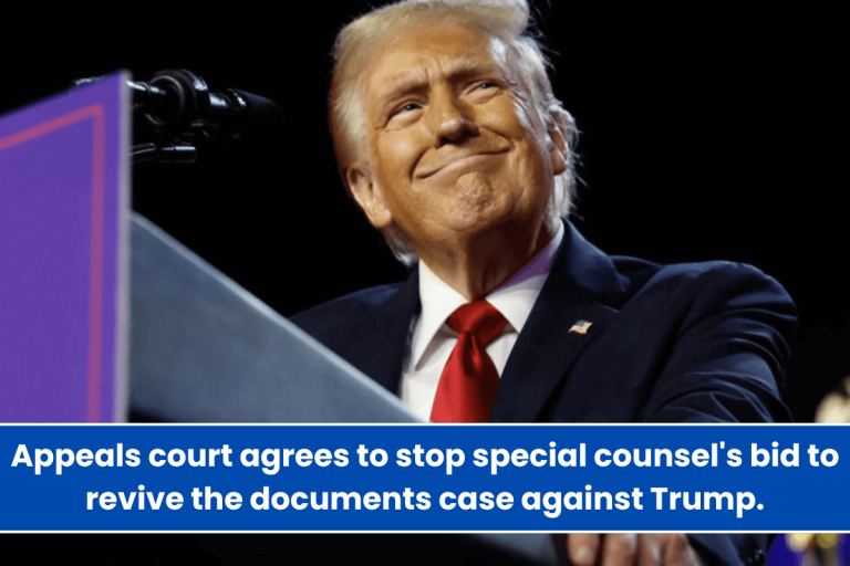 Appeals court agrees to stop special counsel’s bid to revive the documents case against Trump.