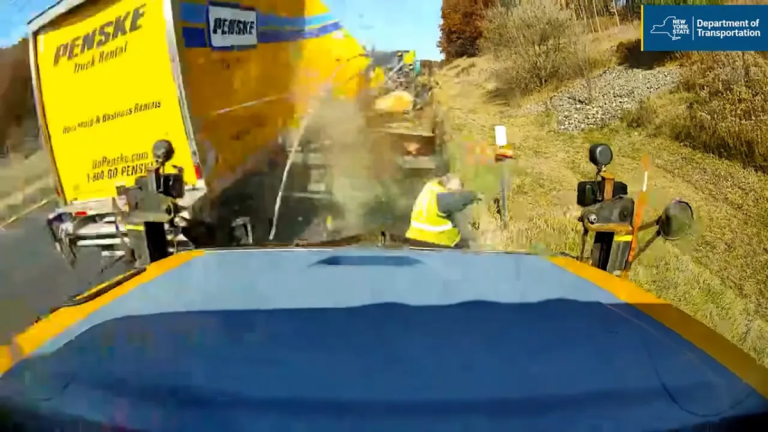 Dramatic Close Call: Highway Worker Dodges Disaster as Truck Skids Into Work Zone